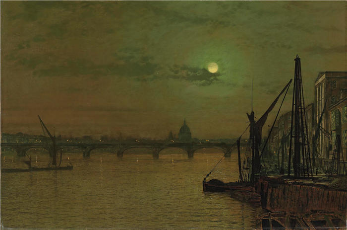 约翰·阿特金森·格里姆肖（John Atkinson Grimshaw，英国画家）高清作品-《滑铁卢桥，伦敦，向东看（1883 年）》