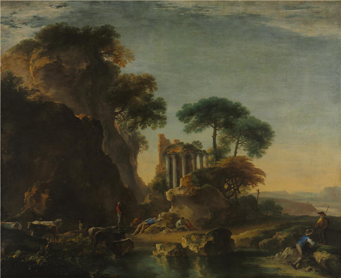 萨尔瓦多·罗萨（Salvator Rosa，意大利画家）高清作品-《岩石景观中的废墟（约 1640 年）》
