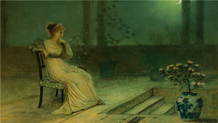 约翰·阿特金森·格里姆肖（John Atkinson Grimshaw，英国画家）高清作品-《月光下坐在露台上的古典少女》