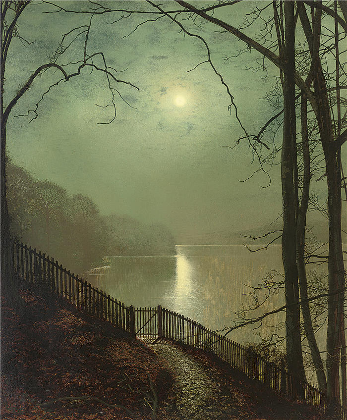约翰·阿特金森·格里姆肖（John Atkinson Grimshaw，英国画家）高清作品-《湖上的月光，朗德海公园》