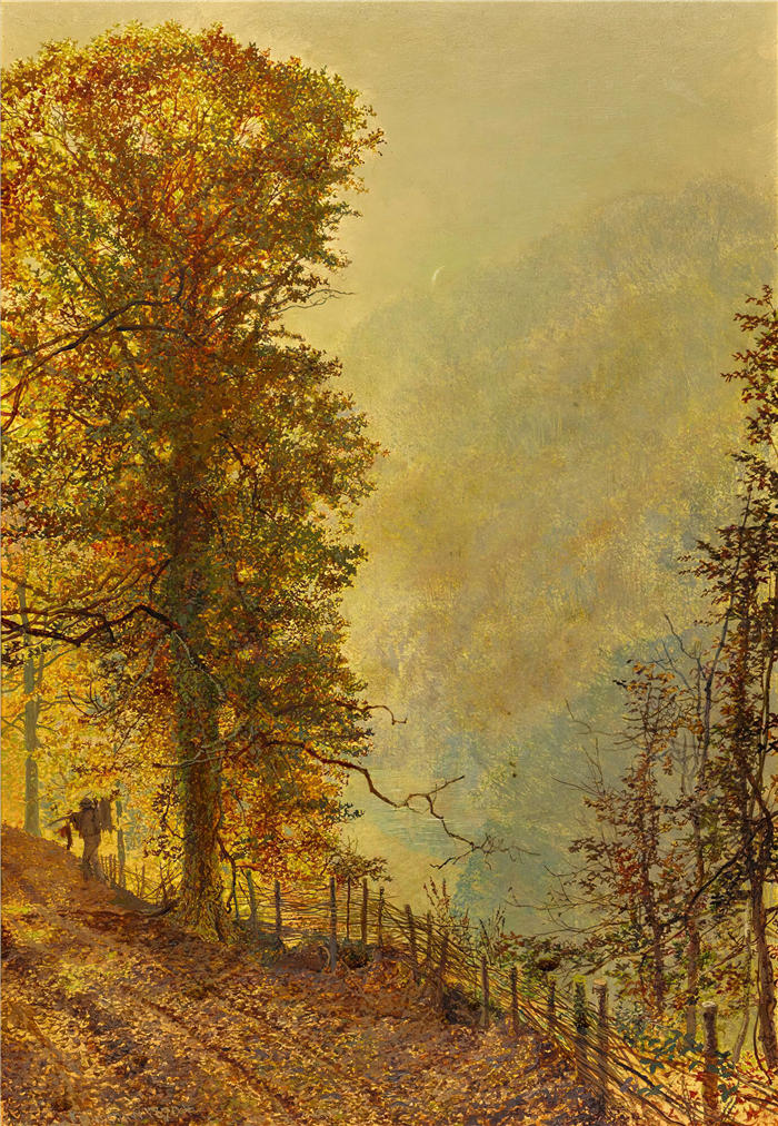 约翰·阿特金森·格里姆肖（John Atkinson Grimshaw，英国画家）高清作品-《河滨路上的兔子猎人（1870 年）》