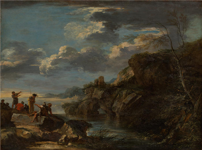 萨尔瓦多·罗萨（Salvator Rosa，意大利画家）高清作品-《岩石海岸的土匪（1655–60）》