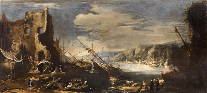 萨尔瓦多·罗萨（Salvator Rosa，意大利画家）高清作品-《有沉船和废墟的沿海风景》