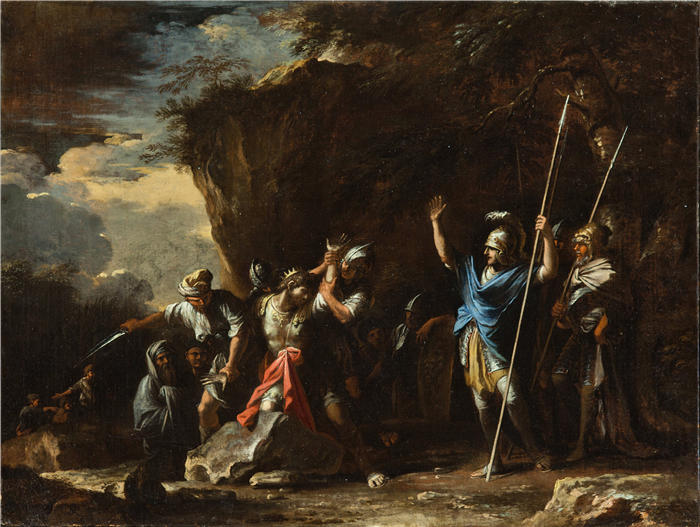 萨尔瓦多·罗萨(Salvator Rosa,意大利画家)高清作品-《希腊历史场景;克罗伊索斯国王的聋哑儿子阻止波斯人杀死他的父亲(约 1663 年)》