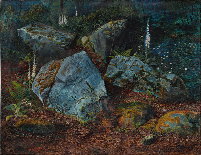 约翰·阿特金森·格里姆肖（John Atkinson Grimshaw，英国画家）高清作品-《斯托斯福斯伍德的巨石（1863 年）》