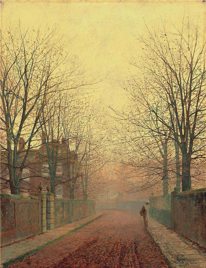 约翰·阿特金森·格里姆肖(John Atkinson Grimshaw,英国画家)高清作品-《秋巷 (1883)》