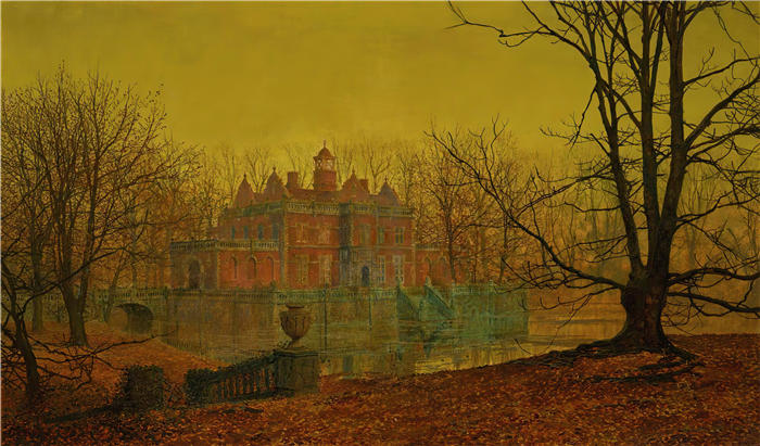 约翰·阿特金森·格里姆肖（John Atkinson Grimshaw，英国画家）高清作品-《有护城河的约克郡之家（1879 年）》