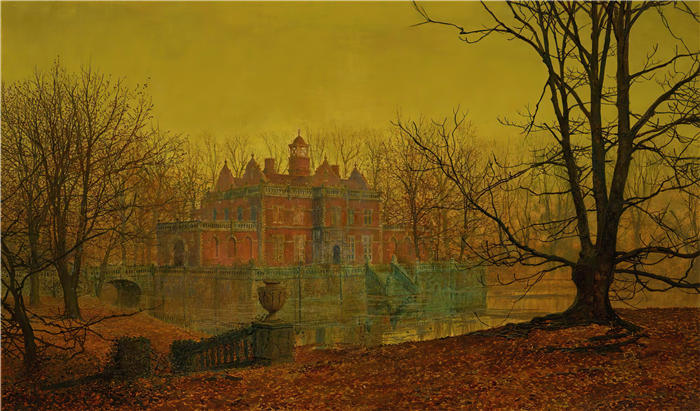 约翰·阿特金森·格里姆肖(John Atkinson Grimshaw,英国画家)高清作品-《有护城河的约克郡之家(1879 年)》