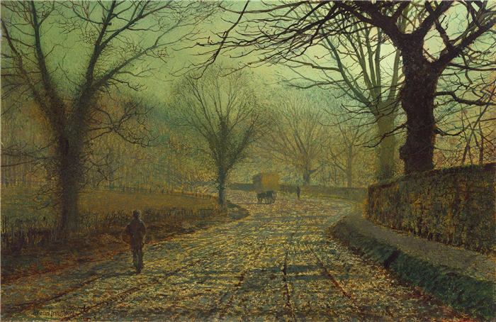 约翰·阿特金森·格里姆肖（John Atkinson Grimshaw，英国画家）高清作品-《庞特弗拉克特附近的斯台普顿公园（1877 年）》