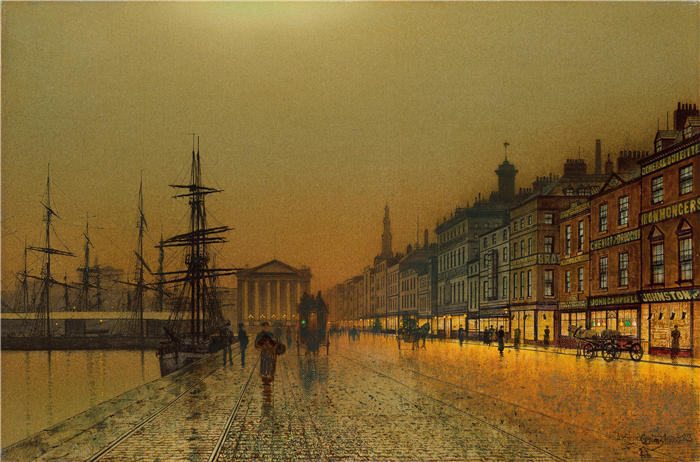 约翰·阿特金森·格里姆肖（John Atkinson Grimshaw，英国画家）高清作品-《夜间的格林诺克港（1893 年）》
