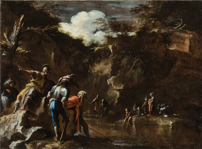 萨尔瓦多·罗萨（Salvator Rosa，意大利画家）高清作品-《希腊历史场景；泰利斯使河流在吕底亚军队的两侧流动（约 1663 年）》