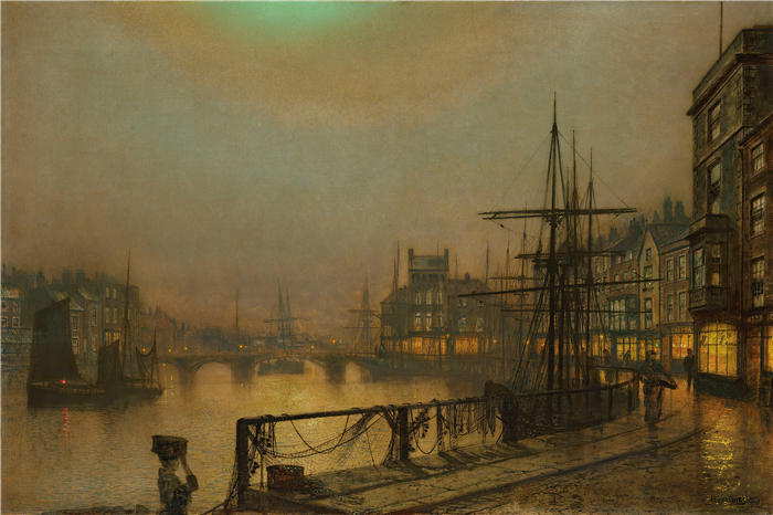 约翰·阿特金森·格里姆肖（John Atkinson Grimshaw，英国画家）高清作品-《晚上的惠特比》