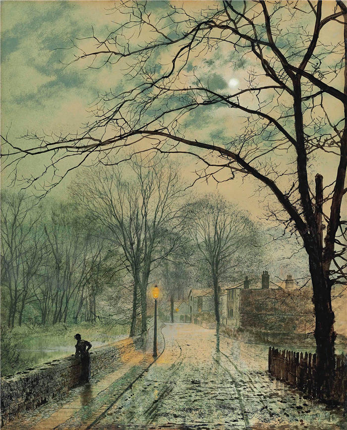 约翰·阿特金森·格里姆肖（John Atkinson Grimshaw，英国画家）高清作品-《月光漫步，怀特岛邦彻奇（1878 年）》