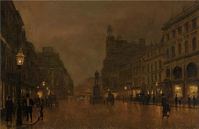 约翰·阿特金森·格里姆肖（John Atkinson Grimshaw，英国画家）高清作品-《曼彻斯特圣安妮广场和交易所》