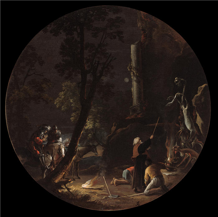 萨尔瓦多·罗萨（Salvator Rosa，意大利画家）高清作品-《夜晚的巫术场景（c. 1645-1649）》