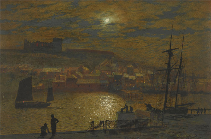 约翰·阿特金森·格里姆肖（John Atkinson Grimshaw，英国画家）高清作品-《苏格兰头的惠特比，月光 (1879)》