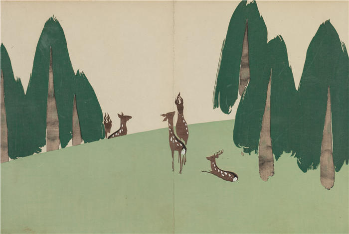 神坂雪佳(Kamisaka Sekka，日本画家)高清作品-《春日平原（Kasugano）（1909-1910）》