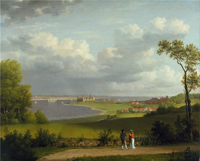 克里斯托弗·威廉·埃克斯伯格（Christoffer Wilhelm Eckersberg，丹麦画家）高清作品-查看克伦堡城堡以北（约 1810 年）