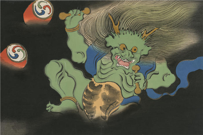 神坂雪佳(Kamisaka Sekka，日本画家)高清作品-《雷神（雷神）（Kaminari）（1909-1910）》