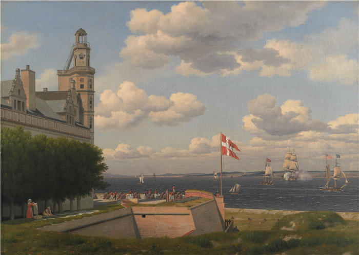 克里斯托弗·威廉·埃克斯伯格（Christoffer Wilhelm Eckersberg，丹麦画家）高清作品-从克伦堡城堡的城墙看瑞典海岸（1829 年）