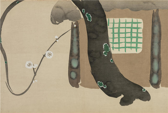 神坂雪佳(Kamisaka Sekka，日本画家)高清作品-《屋檐下的梅花（Nokiba no ume）（1909-1910）》