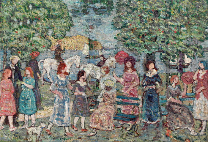 莫里斯·普伦德加斯特（Maurice Prendergast，美国画家）高清作品-《风景与人物（约 1918-1923 年）》