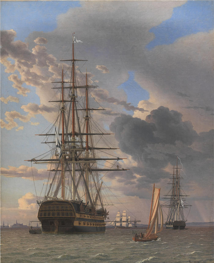 克里斯托弗·威廉·埃克斯伯格（Christoffer Wilhelm Eckersberg，丹麦画家）高清作品-俄罗斯“阿索”号船和一艘护卫舰在埃尔西诺附近的锚点（1828 年）
