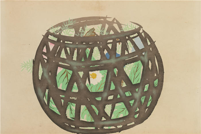 神坂雪佳(Kamisaka Sekka，日本画家)高清作品-《花篮（花中）（1909-1910）》