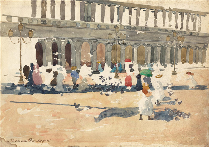 莫里斯·普伦德加斯特（Maurice Prendergast，美国画家）高清作品-《威尼斯的弗洛里安咖啡馆（1898-1899）》