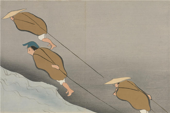 神坂雪佳(Kamisaka Sekka，日本画家)高清作品-《拖船（曳船）（1909-1910）》