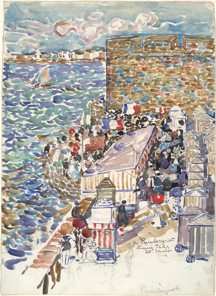 莫里斯·普伦德加斯特(Maurice Prendergast,美国画家)高清作品-《涨潮,圣马洛 (1907–9)》