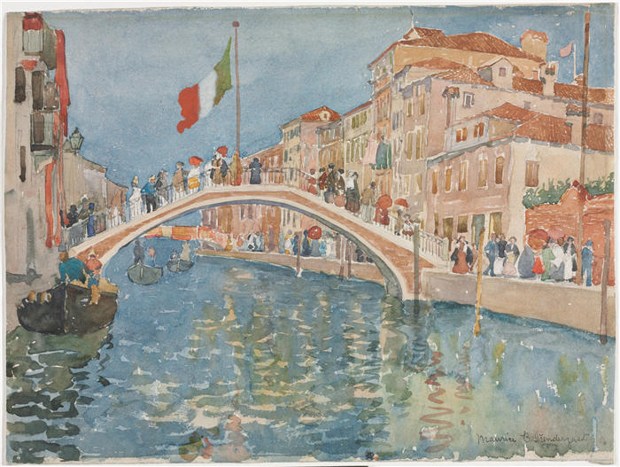 莫里斯·普伦德加斯特(Maurice Prendergast,美国画家)高清作品-《威尼斯的一座桥 (1899)》