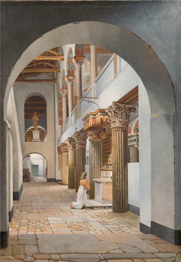 克里斯托弗·威廉·埃克斯伯格(Christoffer Wilhelm Eckersberg,丹麦画家)高清作品-San Lorenzo fuori le Mura 教堂景观(1815 年)
