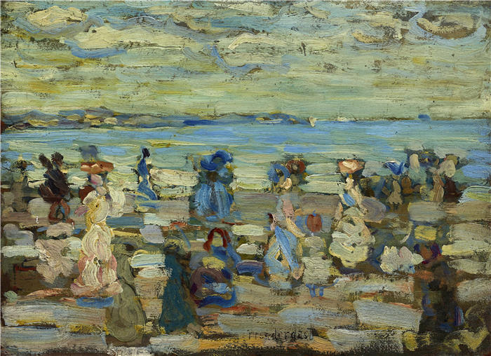 莫里斯·普伦德加斯特（Maurice Prendergast，美国画家）高清作品-《海滩场景（c. 1907–1910）》