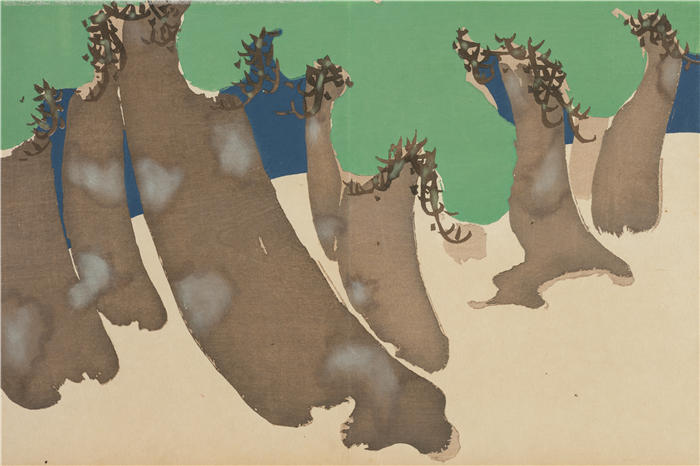 神坂雪佳(Kamisaka Sekka，日本画家)高清作品-《风吹松（Sonarematsu）（1909-1910）》