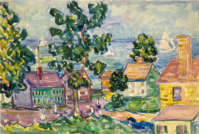 莫里斯·普伦德加斯特(Maurice Prendergast,美国画家)高清作品-《新英格兰海岸村(约 1915-1918 年)》