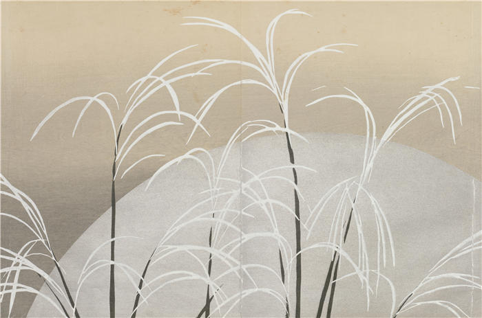神坂雪佳(Kamisaka Sekka，日本画家)高清作品-《月光下的蒲苇（Obana ni tsuki）（1909-1910）》
