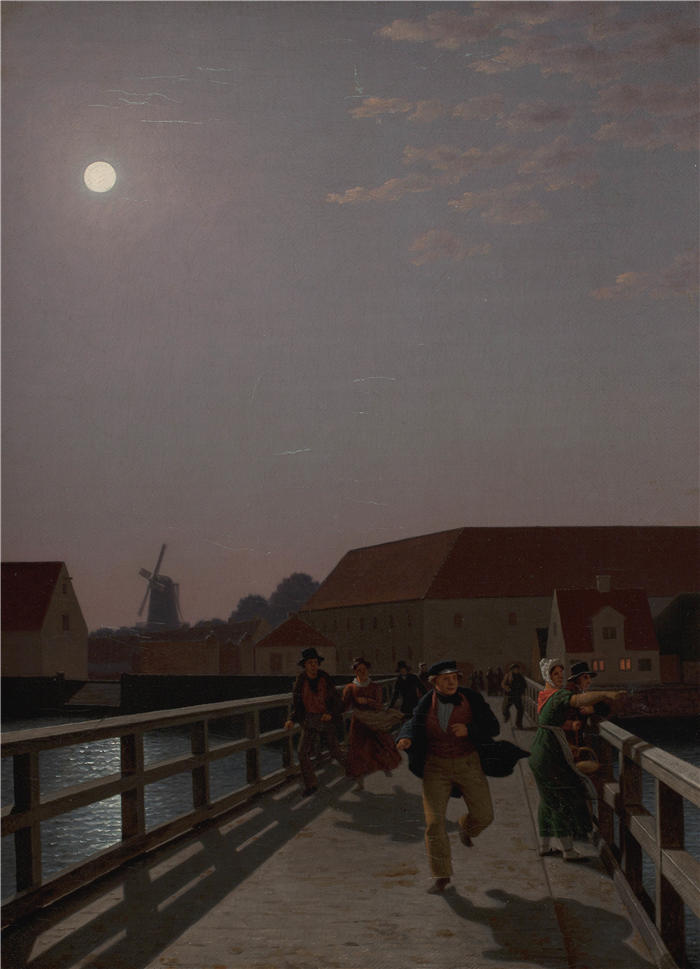 克里斯托弗·威廉·埃克斯伯格(Christoffer Wilhelm Eckersberg,丹麦画家)高清作品-哥本哈根的朗格布罗,在月光下与奔跑的人物(1836 年)