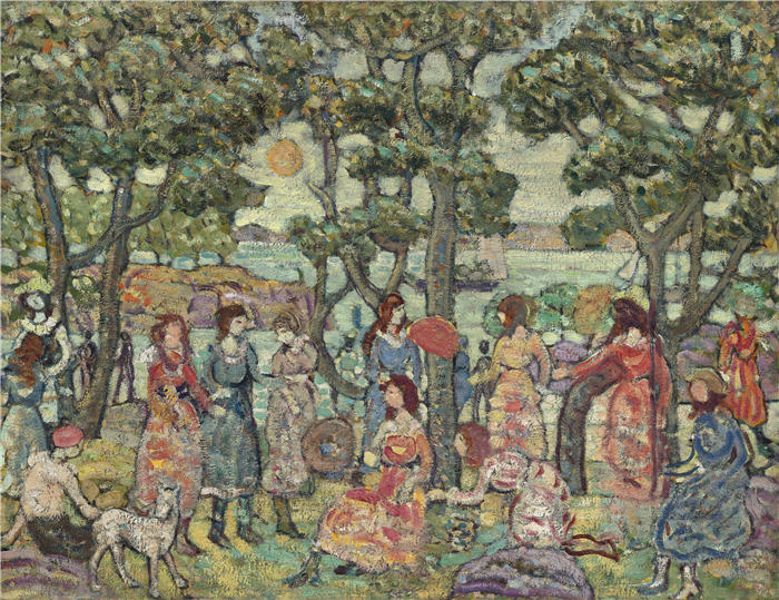 莫里斯·普伦德加斯特(Maurice Prendergast,美国画家)高清作品-《风景与人物(1921)》
