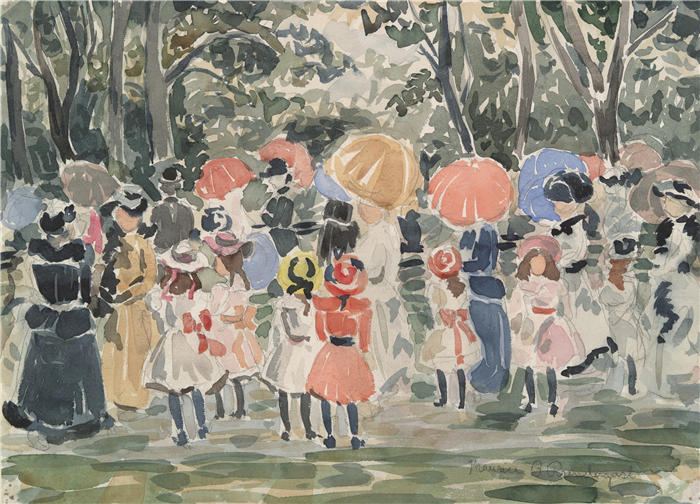 莫里斯·普伦德加斯特(Maurice Prendergast,美国画家)高清作品-《在公园里(约 1915-20 年)》