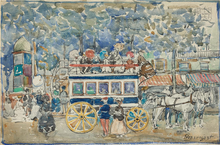 莫里斯·普伦德加斯特（Maurice Prendergast，美国画家）高清作品-《巴黎综合巴士》