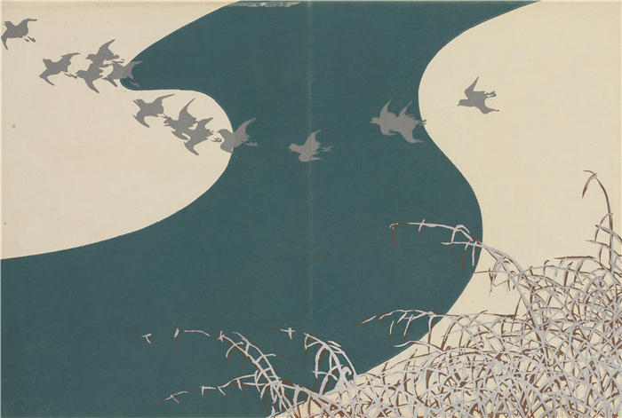 神坂雪佳(Kamisaka Sekka,日本画家)高清作品-《冬天的河流(Fuyu no kawa)(1909-1910)》