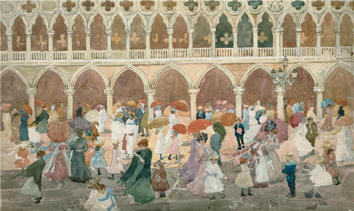 莫里斯·普伦德加斯特(Maurice Prendergast,美国画家)高清作品-《广场上的阳光(1898 年至 1899 年间)》