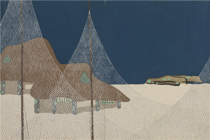 神坂雪佳(Kamisaka Sekka，日本画家)高清作品-《渔村 (Ryoson) (1909-1910)》