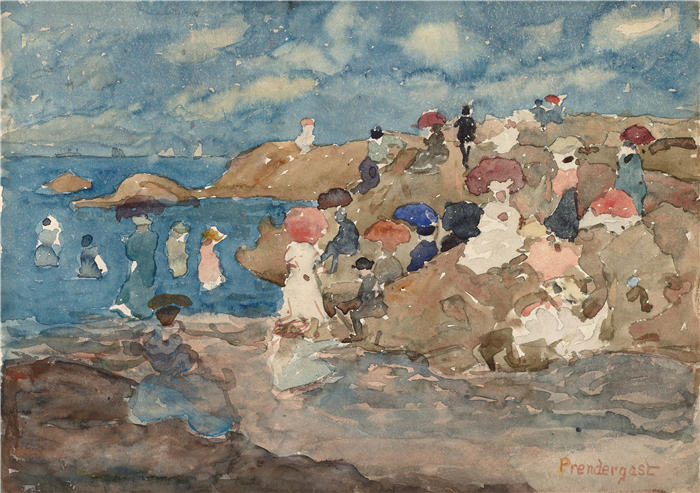 莫里斯·普伦德加斯特(Maurice Prendergast,美国画家)高清作品-《里维尔海滩(约 1896 年)》