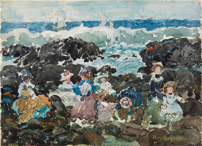 莫里斯·普伦德加斯特（Maurice Prendergast，美国画家）高清作品-《冲浪，科哈塞特（c.1900–5）》