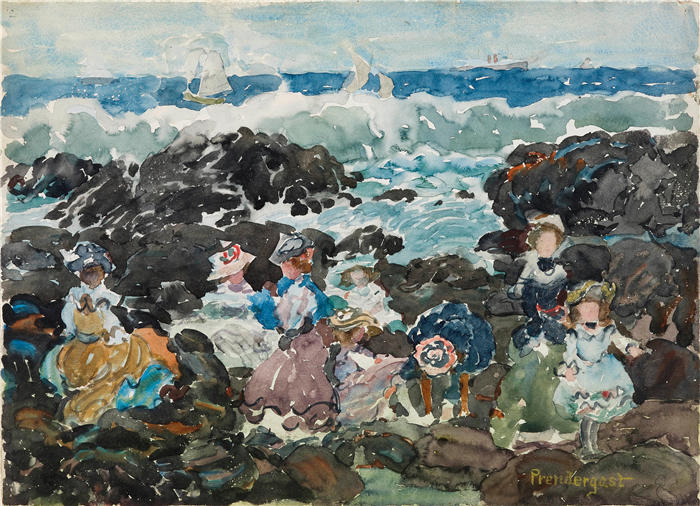 莫里斯·普伦德加斯特(Maurice Prendergast,美国画家)高清作品-《冲浪,科哈塞特(c.1900–5)》