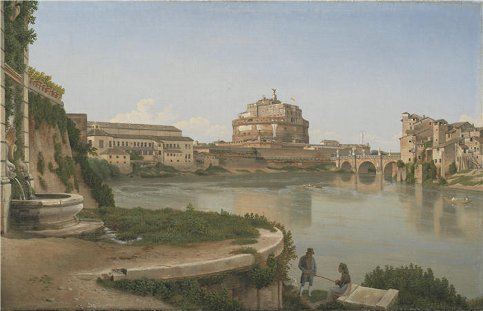 克里斯托弗·威廉·埃克斯伯格（Christoffer Wilhelm Eckersberg，丹麦画家）高清作品-从 Trastevere 到 Castel S. Angelo 横跨台伯河的景色（181