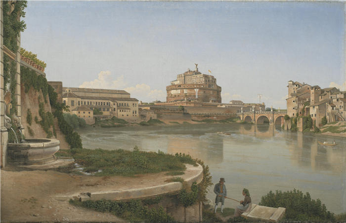 克里斯托弗·威廉·埃克斯伯格(Christoffer Wilhelm Eckersberg,丹麦画家)高清作品-从 Trastevere 到 Castel S. Angelo 横跨台伯河的景色(181