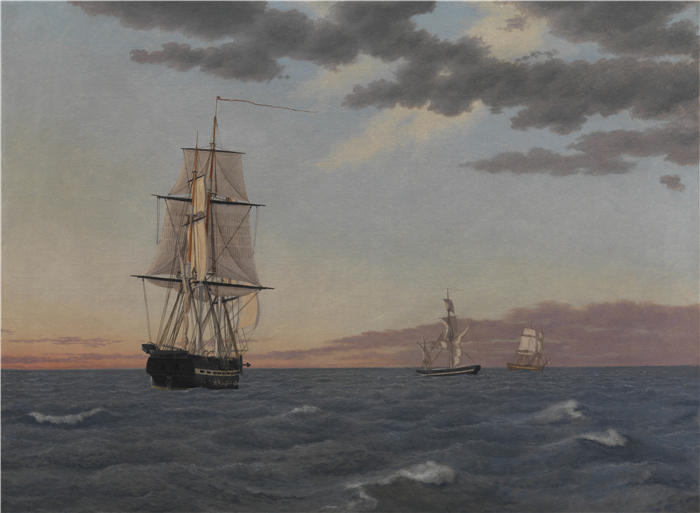 克里斯托弗·威廉·埃克斯伯格(Christoffer Wilhelm Eckersberg,丹麦画家)高清作品-Corvette 'Galathea' 躺着向 Brig 'St Jean' 提